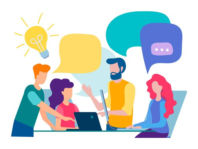 Ilustração bem colorida com pessoas trabalhando em uma mesa com cadeiras, notebook e computador. Elas estão interagindo, conversando, se ajudando e, ao redor delas, têm alguns balões de fala e uma lâmpada que representa a criatividade.