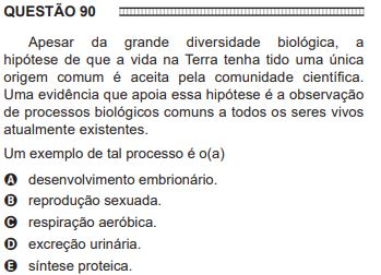Exemplo de uma questão número 90 de Biologia do ENEM de 2016, com uma pergunta e cinco opções de respostas. A imagem é passível de leitura oral.