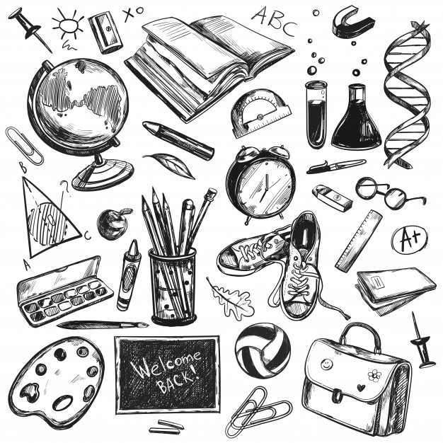Experimentar meios artísticos e formas mais lúdicas de estudar, ajuda na descoberta do que é possível aprender fora da sala de aula. Essa ilustração tem um fundo branco que mostra diversos objetos na cor preta. Entre eles, caderno, lápis, bola, óculos, bolsa, sapato, folhas, globo terrestre, relógio, tubos de ensaio e régua.